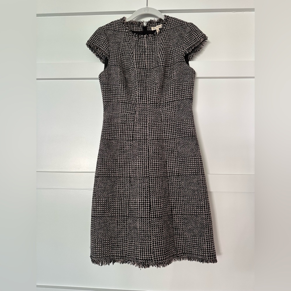 Rebecca Taylor Houndstooth Tweed Sheath Dress in Black & Pink Size 0. Excellent!